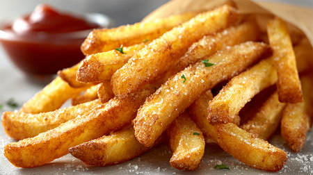 Close up of delicious golden fries seasoned with salt and herbsの写真素材
