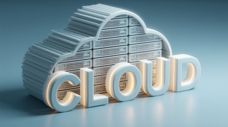 Server racks inside a cloud shape representing cloud computing conceptの写真素材