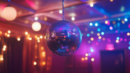 Glittering disco ball reflects colorful lights in a festive settingの写真素材