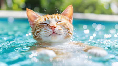 Orange cat peacefully floating in a sunny poolの写真素材