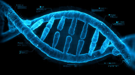 Futuristic digital dna strand glowing against a dark backgroundの写真素材