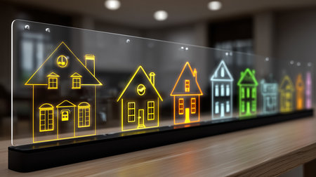 Colorful house icons glowing on a sleek glass panel indoors, Real estate conceptの写真素材