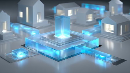 Glowing buildings showcasing modern technology in a futuristic cityscapeの写真素材