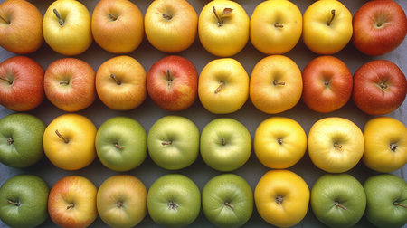 Top view of neatly arranged apples in vibrant colors create a striking visual patternの写真素材