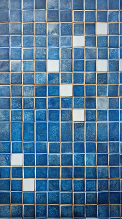 Blue mosaic tiles create a striking geometric pattern. Pool wall background