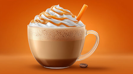Creamy caramel latte topped with whipped cream and a strawの写真素材
