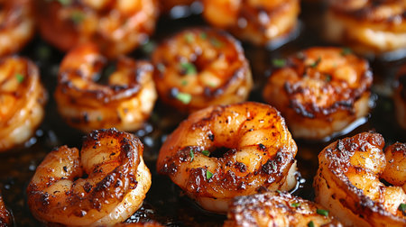 Close up of succulent grilled shrimp perfectly seasoned and cooked to golden perfectionの写真素材