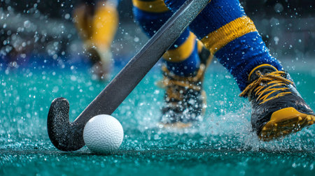 Close up low angle view of intense field hockey play with water splashing dramaticallyの写真素材