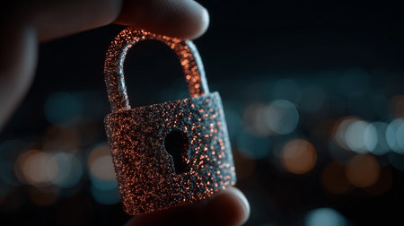 Glitter-covered padlock represents security and protectionの写真素材