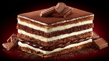 Rich chocolate cake with layers of cream and chocolate toppingの写真素材