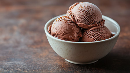 Delicious chocolate ice cream scoops in ceramic bowlの写真素材