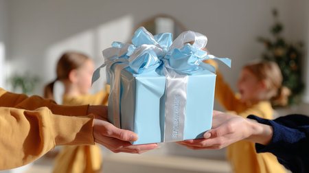 Close up of parents hands holding a blue gift box with a white ribbon for christmas or birthday