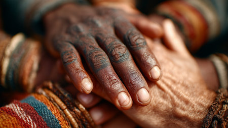 Close up of tribal people holding hands, showing friendship and cultural diversity, with traditional...