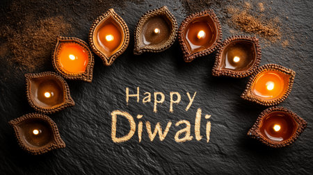 Traditional diwali clay diyas lamps lit with happy diwali text written on dark stone backgroundの写真素材