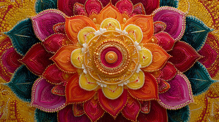 Close-up of a colorful mandala embroidered background with beads, showing intricate details and...