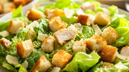 Close-up of a fresh caesar salad featuring grilled chicken, crunchy croutons, parmesan cheese, and a creamy dressingの写真素材