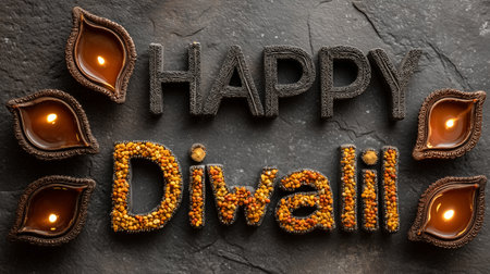 Celebrating the festival of lights with a vibrant happy diwali greeting made of candlesの写真素材