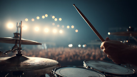 Drummer holding drumsticks is performing live on stage in front of a cheering crowdの写真素材