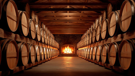 Background of burning fireplace warming oak barrels aging in traditional wine cellar