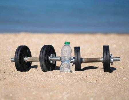 Promoting a healthy lifestyle with fitness equipment on a beautiful beach, encouraging exercise and hydrationの写真素材