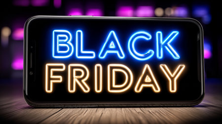 Smartphone displaying glowing black friday neon sign, suggesting online shopping and special deals during the sales eventの写真素材