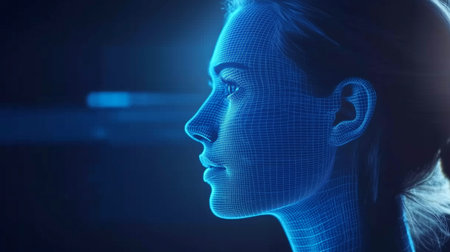 Hologram of woman face rotating, showing futuristic technology of artificial intelligence background...