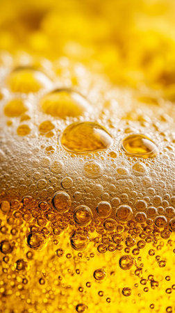Close-up of golden beer bubbles background forming a refreshing layer of foam