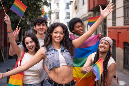 Portrait of diverse group of young people waving rainbow flags, celebrating lgbtq pride and equality during a vibrant street paradeの写真素材