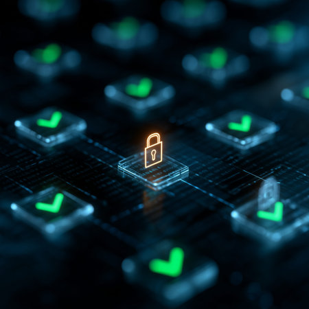 Orange padlock icon glowing on futuristic circuit board with checkmarks, symbolizing data protection...