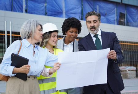 Diverse team of architects and engineers examining blueprint at construction site