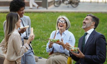 Multiethnic business team enjoying healthy lunch outdoors, laughing and talking togetherの写真素材