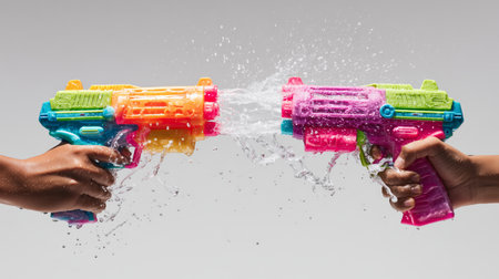 Hands holding colorful plastic water guns shooting water at each other on a gray backgroundの写真素材