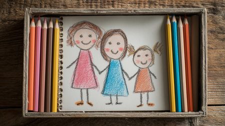 Colorful child's drawing of a happy diverse family in a wooden box with colored pencils, celebrating family bonds and creativityの写真素材