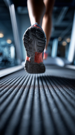 Close-up of running shoes on treadmill, emphasizing fitness and exercise in gym settingの写真素材