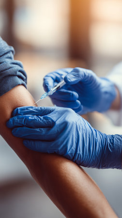 Close up of healthcare professional administers vaccine using syringe, ensuring patient's well-beingの写真素材