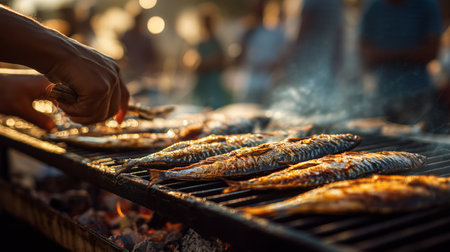 Cook preparing grilled fish on barbecue grill during summer food festivalの写真素材