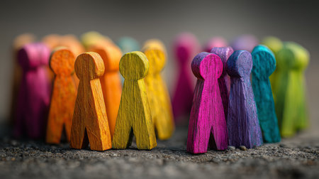 Wooden figures painted in rainbow colors standing together, symbolizing diversity, inclusion, and equalityの写真素材