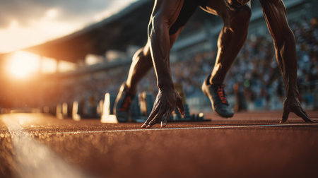 Close-up of a muscular athlete's legs and arms positioned on starting blocks, ready to sprint on a running track during a vibrant sunsetの写真素材