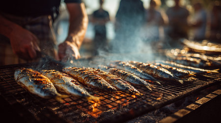 Close up of chef grilling delicious fish on a barbecue at an outdoor party, creating a smoky and flavorful mealの写真素材