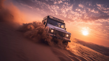 White vehicle speeding over sand dunes at sunset in saudi arabia, kicking up dust and sand with copy...