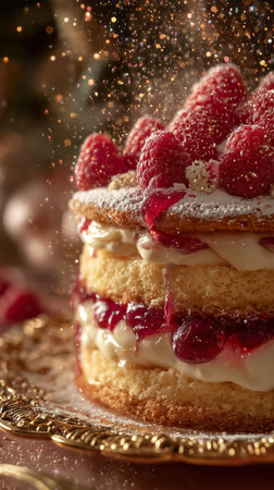 Layered raspberry cake with cream filling, topped with fruit and sparkling glitter