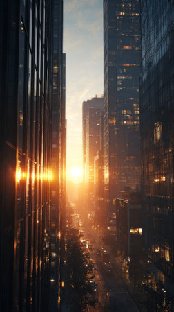 City street traffic flows between tall skyscrapers during a bright golden hour sunset