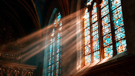 Sunbeam entering through gothic church stained glass window illuminating interiorの写真素材