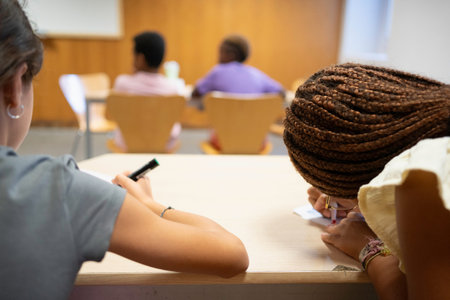Multiethnic students sitting at desks, writing and actively participating in a bright classroom...