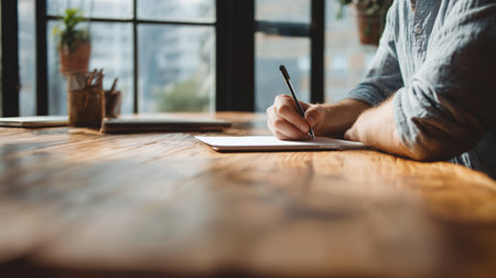 Unrecognizable person writing ideas with a pen on white paper at a rough wooden table in a bright roomの写真素材