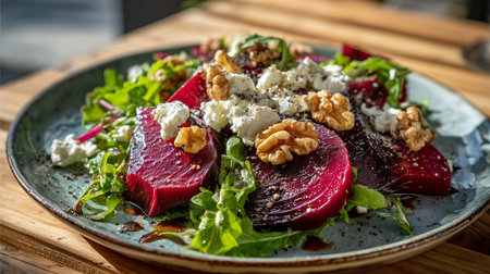 Beetroot salad with feta cheese, walnuts, and arugula, drizzled with balsamic glazeの写真素材