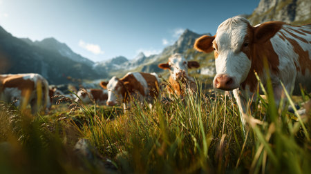 Dairy cattle enjoying green grass on a sunny high-altitude meadowの写真素材