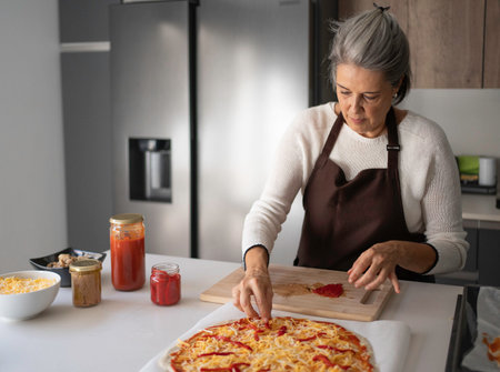Woman preparing a pizza with various ingredients, adding red pepper and cheeseの写真素材