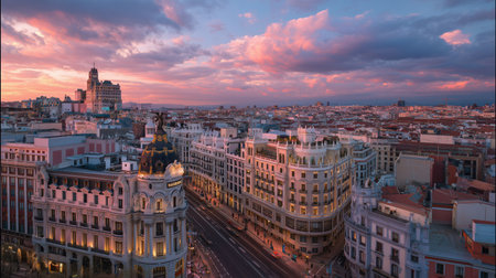 Madrid cityscape with historic buildings and gran via street during dramatic twilightの写真素材