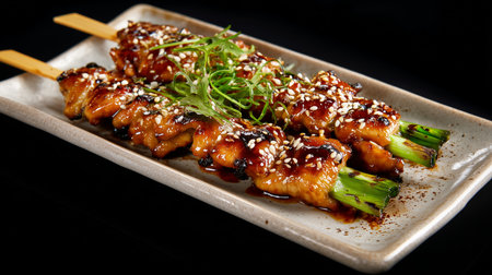 Grilled Japanese chicken skewers with teriyaki glaze, sesame seeds, and green onion on a plateの写真素材